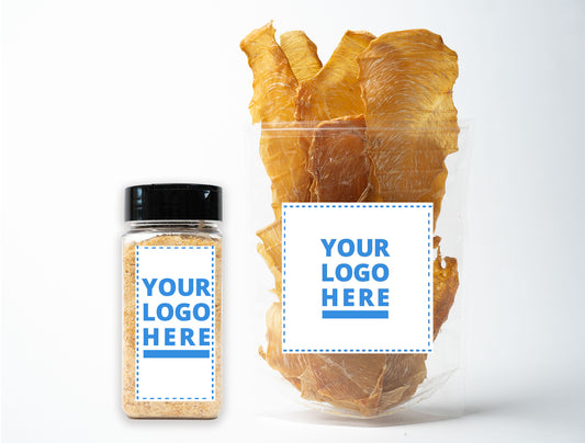A clear plastic pouch filled with chicken jerky private label dog treats and a small plastic container of powdered treats, both featuring a “Your Logo Here” label, displayed against a white background.